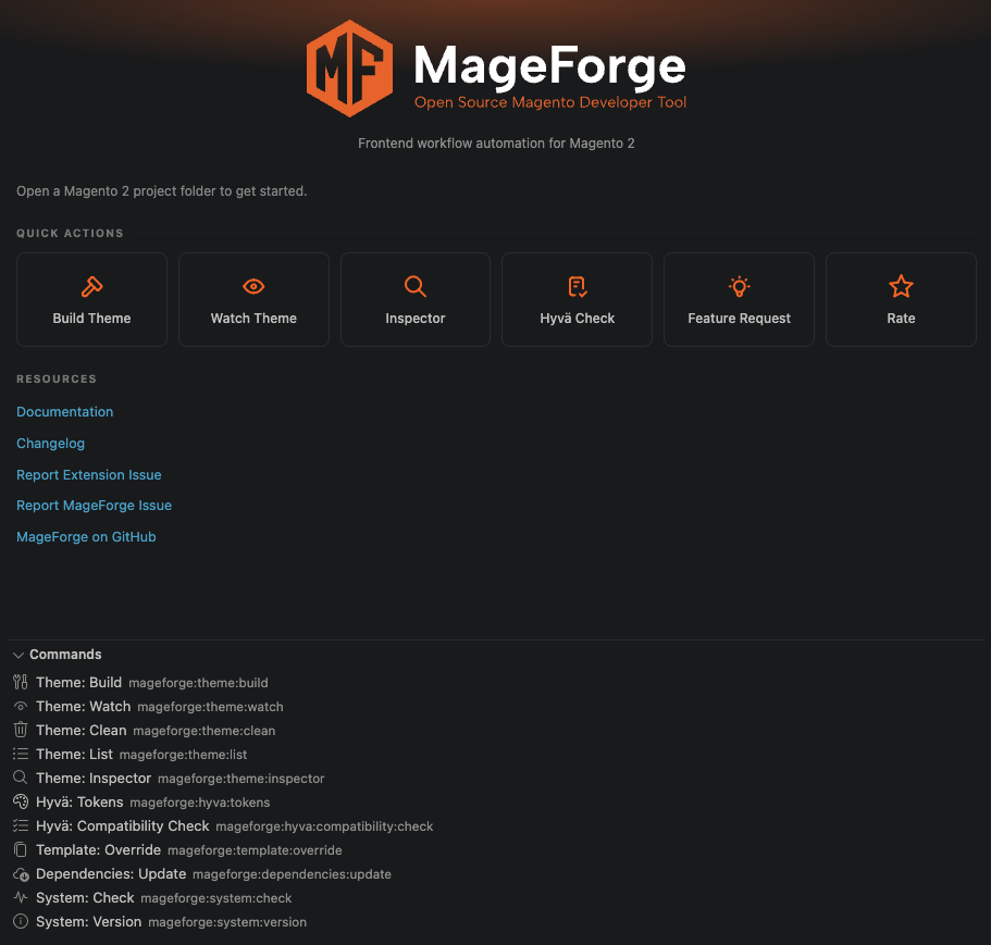 MageForge VS Code Extension – Sidebar mit Commands und Themes View